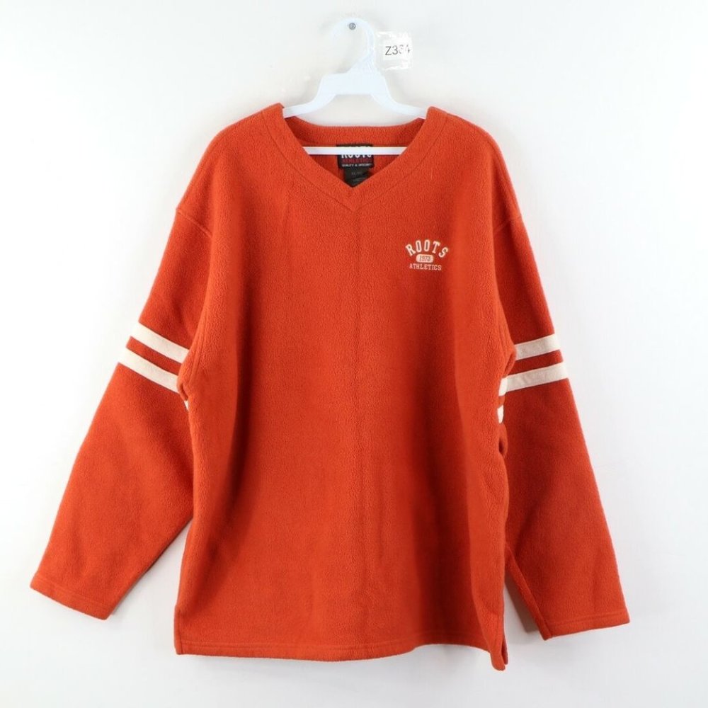 Vtg Roots Athletics Striped V-Neck Fleece Sweater